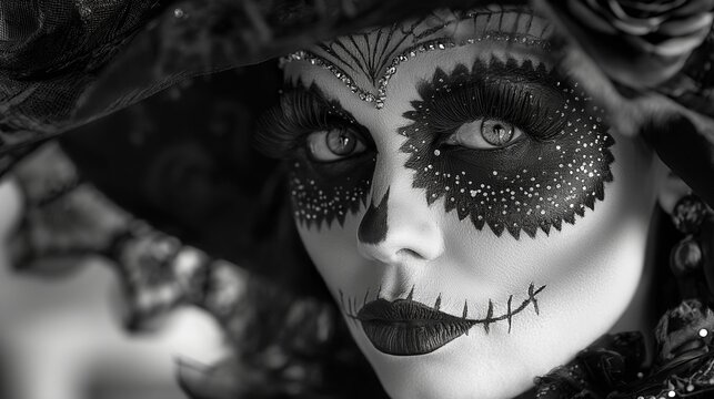AI-generated illustration of a woman wearing makeup for the Day of the Dead