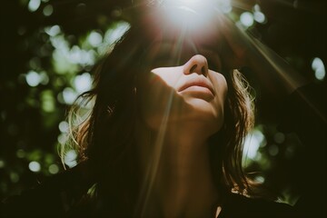 AI generated illustration of a woman gazing at the sun through the woodland