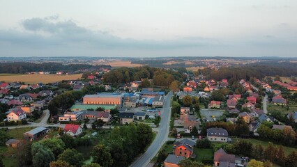 Fototapeta na wymiar Beautiful aerial view of a rural town with thick trees around small houses under a cloudy sky