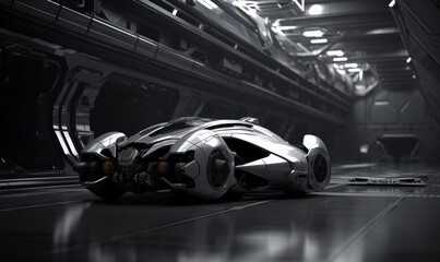 Futuristic vehicle parked in the hangar