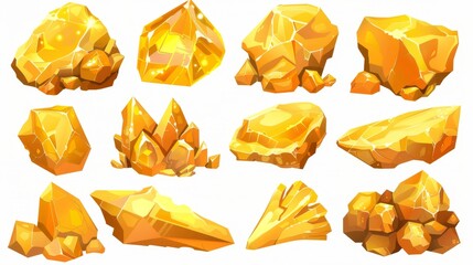 Nuggets of gold from the gold mine. Rolling stones of gold. Solid natural treasure. Shiny golden crystals for game currency. Pieces of yellow ore. Cartoon modern illustration set.