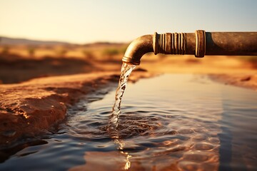Pouring water from the tap in the desert. Selective focus - obrazy, fototapety, plakaty