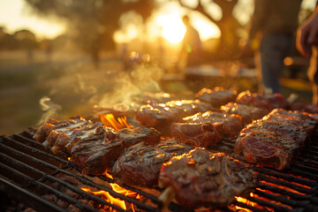 Sunset Barbecue with Sizzling Steaks on Grill