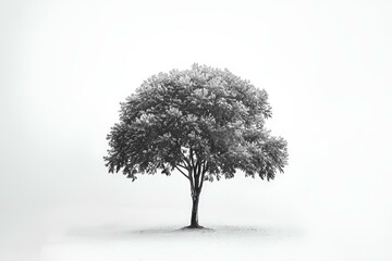 AI generated illustration of a small tree standing in the snow-covered field under the sunlight