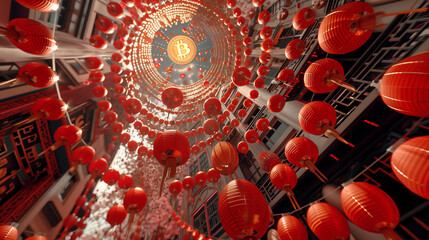 Golden dragon soars above Bitcoin in a vibrant red Chinese New Year scene. - obrazy, fototapety, plakaty
