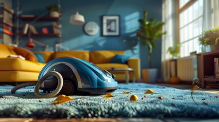 This is a 3D illustration of an advertisement for a vacuum cleaner. It depicts a wireless vacuum cleaner, cleaning a dirty carpet in a living room. - obrazy, fototapety, plakaty