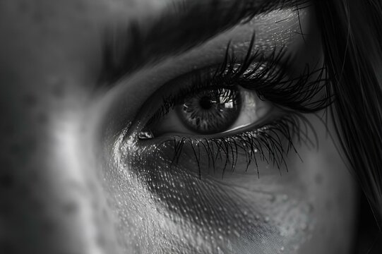 AI generated illustration of a close-up of a woman's eye with tears and water droplets