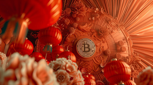 Golden dragon soars above Bitcoin in a vibrant red Chinese New Year scene.