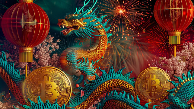 Golden dragon soars above Bitcoin in a vibrant red Chinese New Year scene.