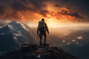 Man standing on top of a mountain and looking at the sunset.