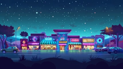 Modern illustration of a large shopping mall building at night with grocery and cafe entrances, and a car and truck in a dark street. - obrazy, fototapety, plakaty