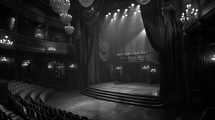 empty theater auditorium with chairs and chandeliers lights and curtains - obrazy, fototapety, plakaty