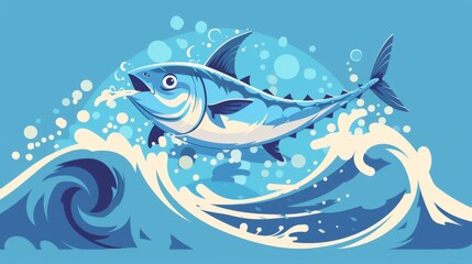 A bluefin tuna jumps out from strong waves splashing water through the sea in a flat style illustration.