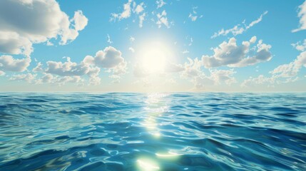 Fototapeta premium Fisheye view of ocean surface under the blue sky with the sun shining down on it in the daytime.