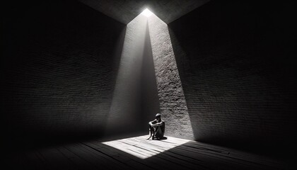 a woman sits alone in a dark building with the sun shining through a doorway