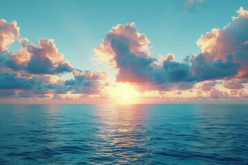The sun visible through a blue sky full of clouds over a calm sea. Horizon. Generative AI