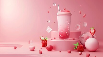 A pink tumbler banner ad depicts a bottle loaded with strawberry shake displayed on a podium with berries, ice cubes, and a stainless steel straw surrounding it