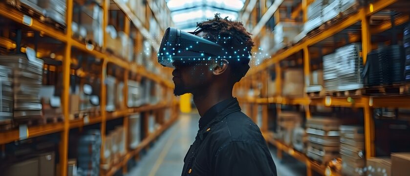 Futuristic Warehouse Management with AR Technology. Concept Warehouse Automation, Augmented Reality Technology, Inventory Tracking, Smart Logistics, Future of Warehousing