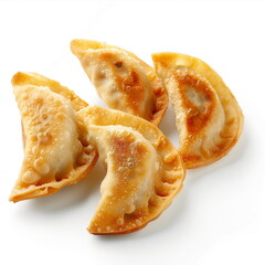 Close-up of four crispy fried dumplings on white background. Flat lay, top view. Generative AI