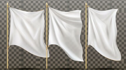 A set of white silk flags on golden poles, isolated on transparent background. Modern realistic illustration of triangular pennants, blank fabric banners, and peace symbols.