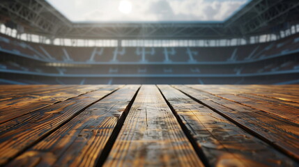 An empty stadium with no one in the stands vaguely visible beyond the empty wooden tables. Generative AI - obrazy, fototapety, plakaty