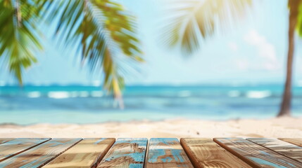 Top of wood table with seascape and palm leaves, blur bokeh light of calm sea and sky at tropical beach background. Empty ready for your product display montage - Generative AI - obrazy, fototapety, plakaty