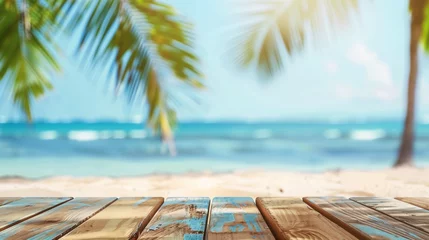 Foto op Canvas Top of wood table with seascape and palm leaves, blur bokeh light of calm sea and sky at tropical beach background. Empty ready for your product display montage - Generative AI © seogi