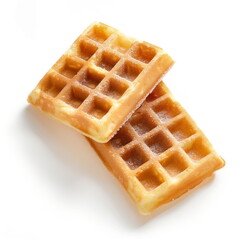 Two square waffle pieces. Top view, Flat lay, Isolated white background, Close-up. Generative AI
