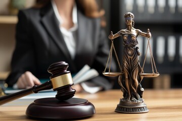 Brown gavel on a wooden table and a lawyer in the background, Lawyer background, law background, justice background, gavel on a wooden table, lawyer, law, justice  - obrazy, fototapety, plakaty