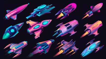Illustration of futuristic spacecraft flying in the sky, shuttles for space exploration missions, cosmic adventure gui design elements on black background.
