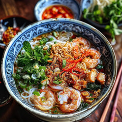 Mi Quang, a Vietnamese noodle dish, boasts chewy rice noodles, savory broth, tender meat, fresh herbs, and crunchy toppings, creating a harmonious blend of flavors and textures.