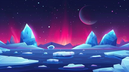 Polar night landscape with floating glaciers and pink aurora borealis. Cool arctic panorama with a drifting iceberg and northern lights. - obrazy, fototapety, plakaty