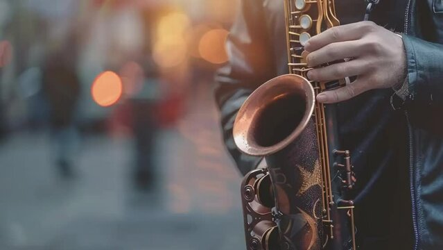 Saxophonist Playing Jazz Solo . Live Music and Jazz Performance Concept. Street Musician Playing Saxophone. Urban Culture and Music Performance