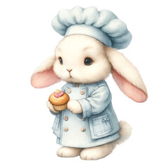 Charming bunny chef with a cupcake, in a blue denim chef's outfit, symbolizing delightful baking and culinary joy, Concept of dessert making, creativity, and adorable illustrations
