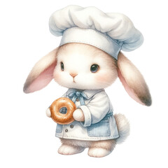 Cute bunny chef with a doughnut, in casual blue chef's attire, depicting a scene of sweet treat enjoyment, Concept of dessert enjoyment, baking, and playful illustrations
