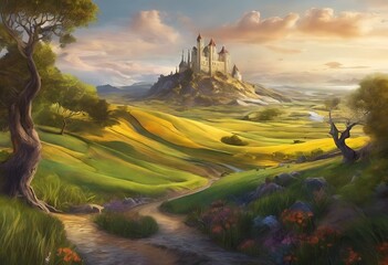 AI generated illustration of a scenic grassy landscape with a castle nestled within