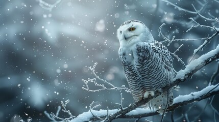 AI generated illustration of a snowy owl perched on snowy branch