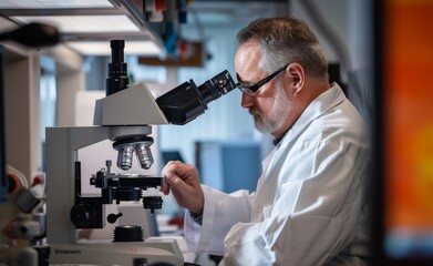 Male scientist using a high-precision microscope in a lab, showcasing the critical role of technology in research and discovery.