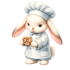 Playful rabbit chef holding a pretzel, in a chef uniform, illustrating joy in baking and snack preparation, Concept of baking, snack crafting, and engaging illustrations

