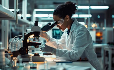 Female scientist using a high-precision microscope in a lab, showcasing the critical role of...