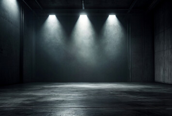 Illustration of empty space industry room with concrete floor grunge texture background, fog and lighting effect. Industrial hall. Create art backdrop concept. Gen ai illustrate. Copy ad text space
