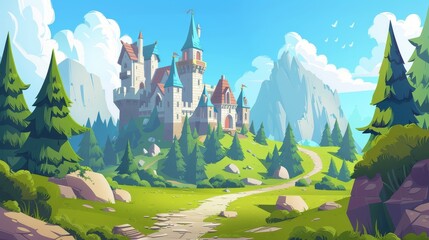 Castle with towers and gates in a dream kingdom surrounded by forest with trees and rocky mountains. Illustration of a fairytale king and princess castle with towers and gates in a cartoon modern