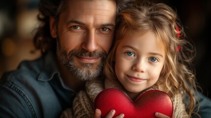 On Father's Day, a happy daughter hugs her dad with a heart in her hands - obrazy, fototapety, plakaty