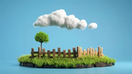 Foto op Plexiglas 3D grassland with wooden fence, white cloud, and blue background © Антон Сальников