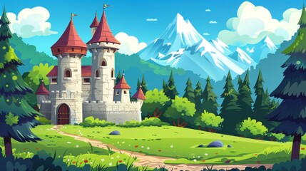 Fototapeta na wymiar Fantasy fairytale castle cartoon background landscape set. Princess tower chateau building in forest near mountain for fantasy fairytale illustration. Summer valley design.