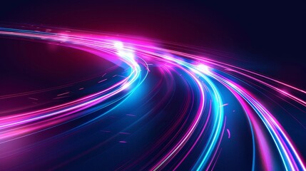 The glowing neon effect of high speed race curve lines. The blue and pink luminous trail of fast car lights moving. A realistic modern illustration of energy flashes going away.