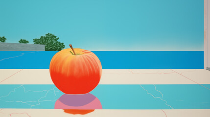 Illustration d'une nectarine, pêche, sur un fond d'eau, de piscine. Fruit, sain, délicieux, sucré. Jus de fruit, dessert. Pour conception et création graphique. - obrazy, fototapety, plakaty