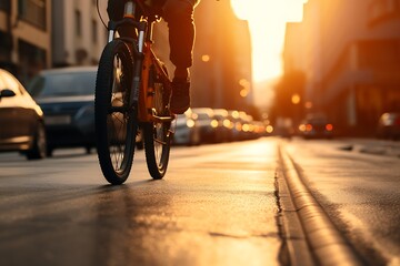 Cyclist riding a bicycle in the city at sunset, close-up