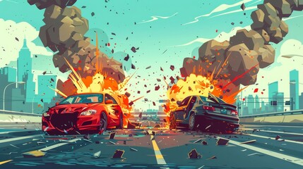 An accident on a highway against a cityscape background. Cartoon illustration of two flipped cars on the road after collision, smoke and fire under damaged hoods, broken glass, vehicle insurance - obrazy, fototapety, plakaty