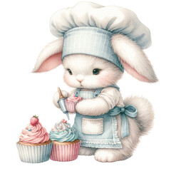 Joyful bunny chef decorating cupcakes with a pastry bag, in a blue apron, showcasing dessert artistry, Concept of dessert decoration, culinary creativity, and delightful illustrations
